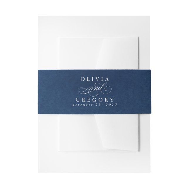 Navy Blue Modern Boho Wedding Invitation Belly Band (Front Example)