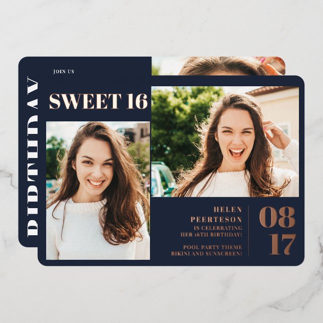 Navy blue modern bold 3 photos Sweet 16 (Front/Back)
