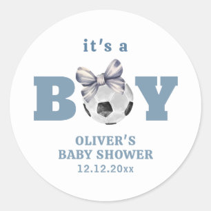 Navy Blue Modern Bow Soccer Sport Boy Baby Shower Classic Round Sticker