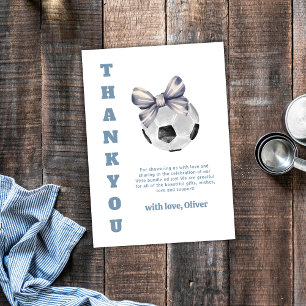 Navy Blue Modern Bow Soccer Sport Boy Baby Shower  Thank You Card