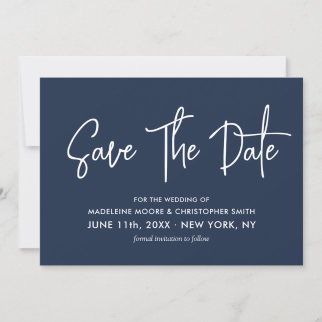 Navy Blue Modern Calligraphy Scannable QR Code Save The Date (Front)