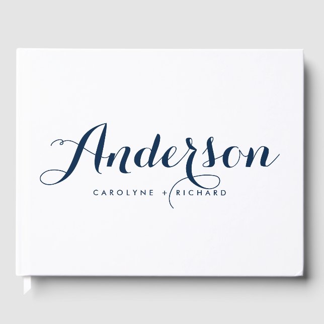 Navy Blue Modern Calligraphy Wedding Guest Book (Front)