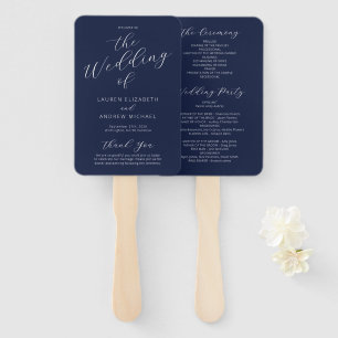 Navy Blue Modern Calligraphy Wedding Program Hand Fan
