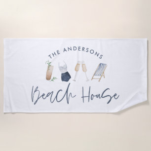 Navy blue modern champagne script beach house towel