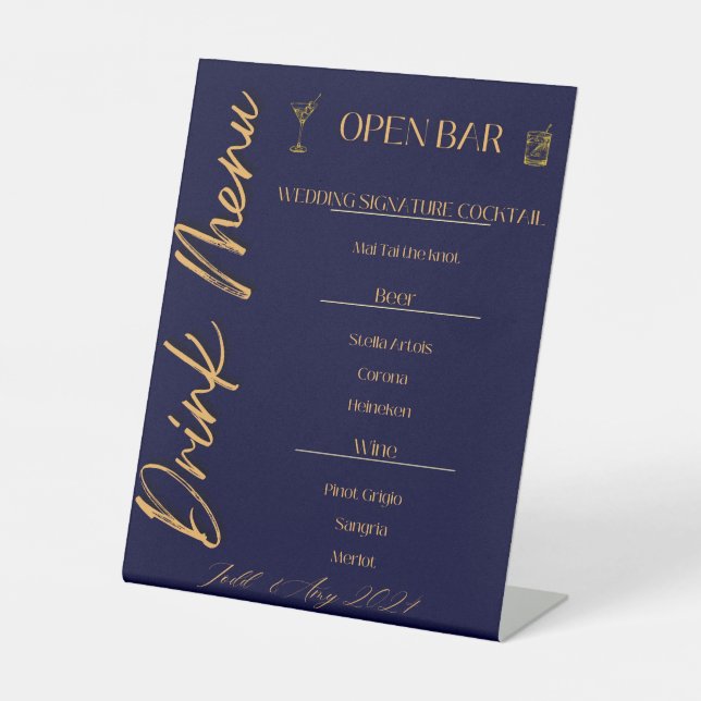 Navy Blue Modern Chic Wedding Drink Menu Sign (Front)