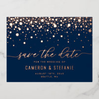 Navy Blue Modern Confetti Rose Gold Save the Date
