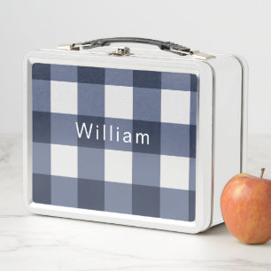 Navy Blue Modern Cottagecore Gingham Check Plaid Metal Lunch Box
