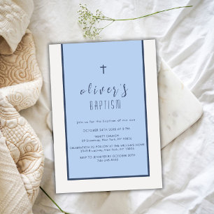 Navy Blue Modern Cross Christening Boy Baptism Invitation