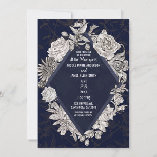 Navy Blue Modern Diamond Vintage Flowers Wedding Invitation