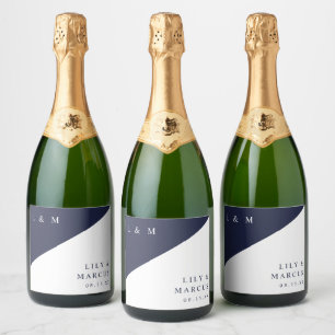 Navy Blue Modern Elegant Monogram Wedding Sparkling Wine Label