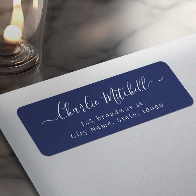 Navy Blue Modern elegant script return address (Navy Blue Modern elegant script return address Label)