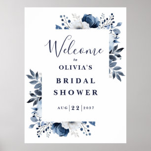 Navy Blue Modern Floral Bridal Shower Welcome Sign