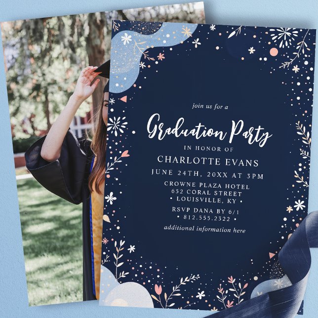 Navy Blue Modern Floral Confetti Graduation Invitation (Creator Uploaded)