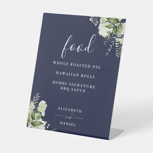 Navy Blue Modern Floral Greenery Food Menu Pedestal Sign (Front)