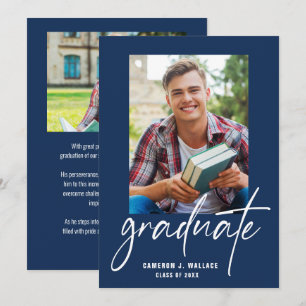 Navy Blue Modern Graduate script custom Photos Announcement