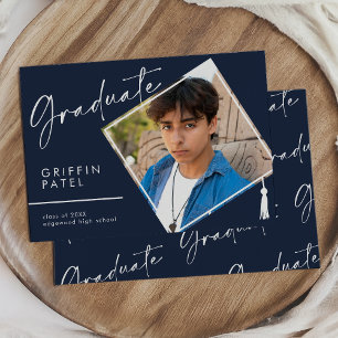 Navy Blue Modern Graduation Cap Photo Graduation Announcement