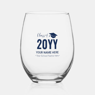 Navy Blue Modern Graduation Gift Custom Text Stemless Wine Glass
