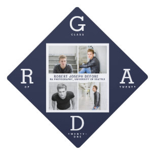 Navy blue modern graphic photo collage graduation cap topper