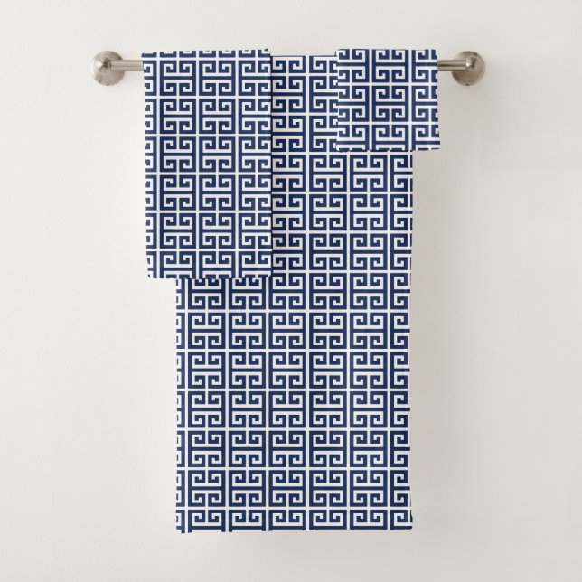Navy Blue Modern Greek Key Pattern Bath Towel Set (Insitu)