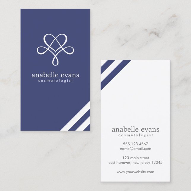 Navy Blue Modern Heart and Swirls Business Card (Front/Back)