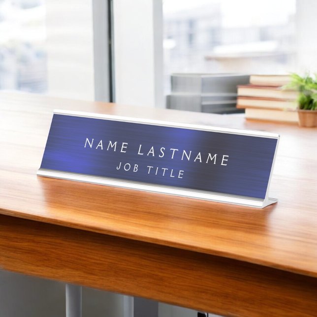 Navy Blue Modern Metallic Professional Classy Desk Name Plate (Creator Uploaded)