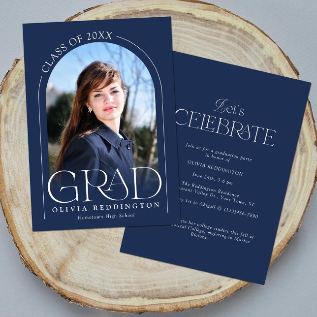 Navy Blue Modern Minimal Arch Photo Grad Party Invitation (Creator Uploaded)