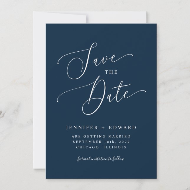 Navy Blue Modern Minimal  Save The Date (Front)