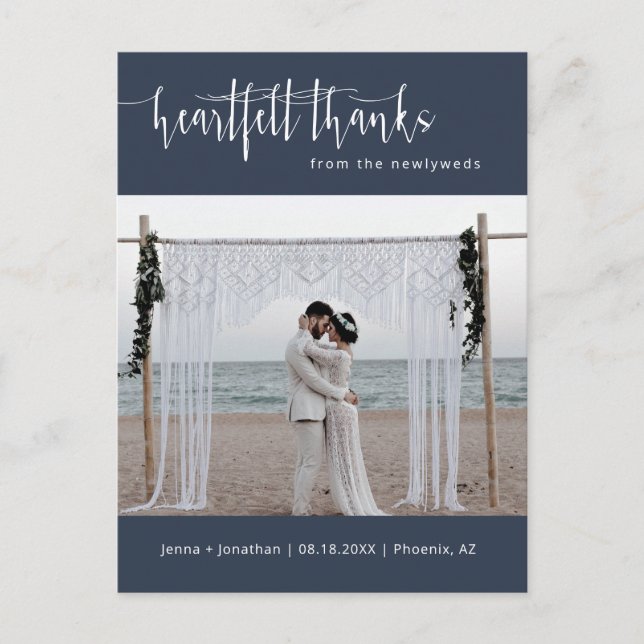 Navy Blue Modern Minimal Wedding Photo Thank You Postcard (Front)