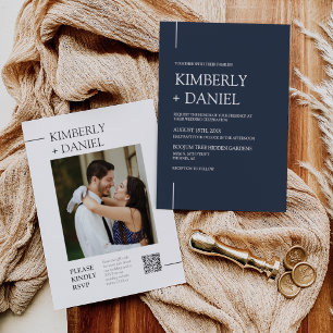 Navy Blue Modern Minimal Wedding QR Code Photo Invitation