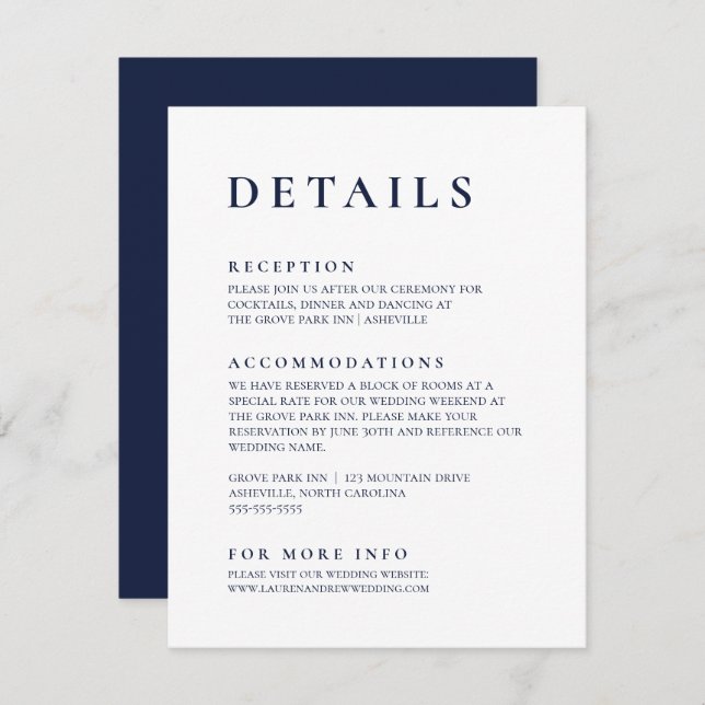 Navy Blue Modern Minimalist Elegant Enclosure Card (Front/Back)