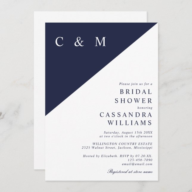 Navy Blue Modern Minimalist Monogram Bridal Shower Invitation (Front/Back)