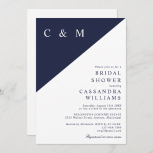 Navy Blue Modern Minimalist Monogram Bridal Shower Invitation