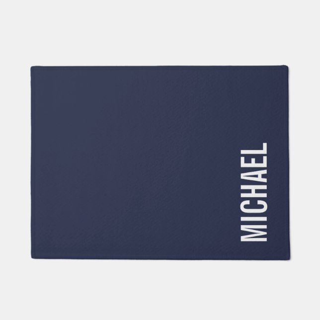 Navy Blue Modern Minimalist Personalized Name Doormat (Front)
