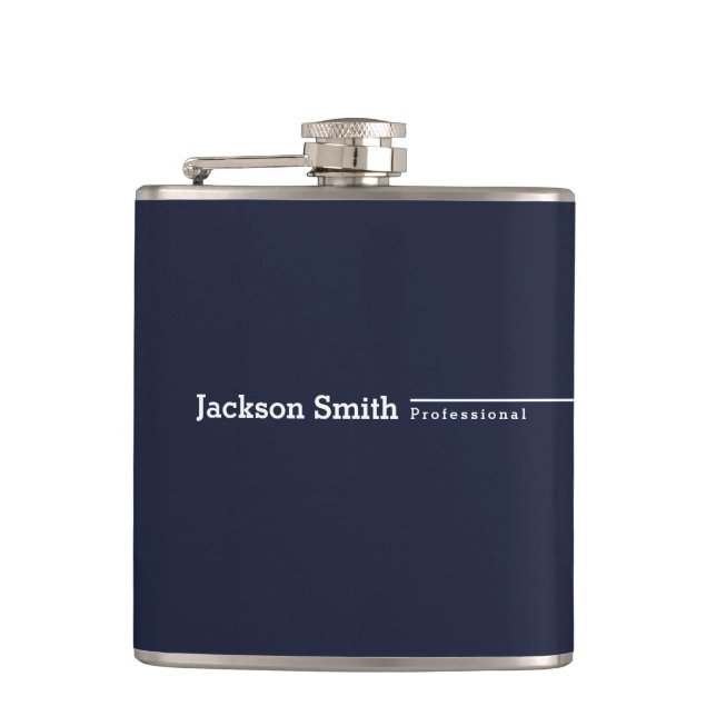 Navy blue modern minimalist personalized name hip flask (Front)