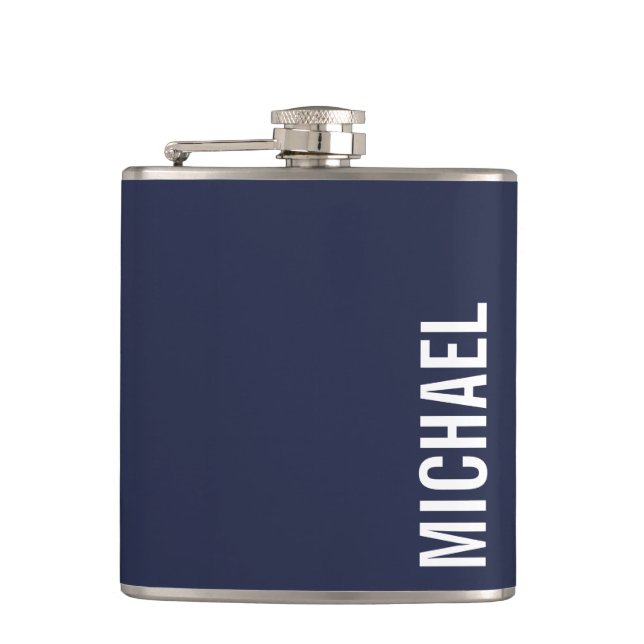 Navy Blue Modern Minimalist Personalized Name Hip Flask (Front)