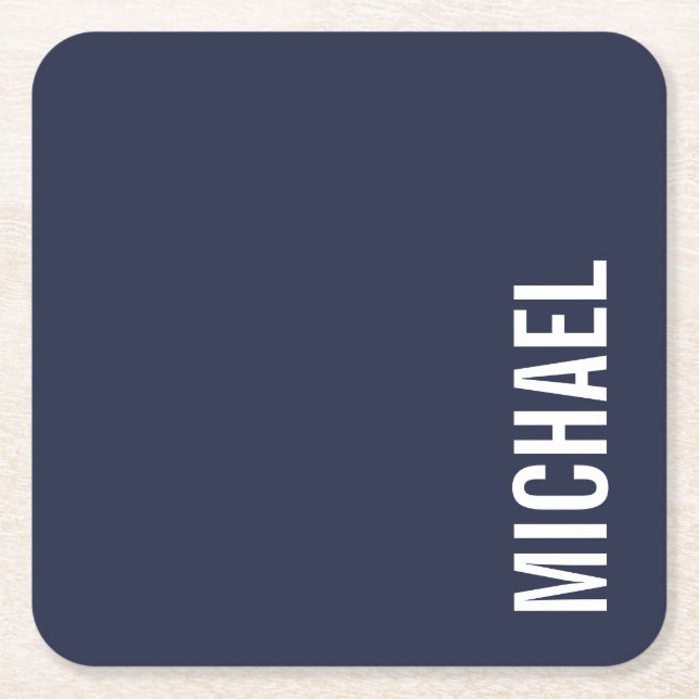 Navy Blue Modern Minimalist Personalized Name Square Paper Coaster (Front)