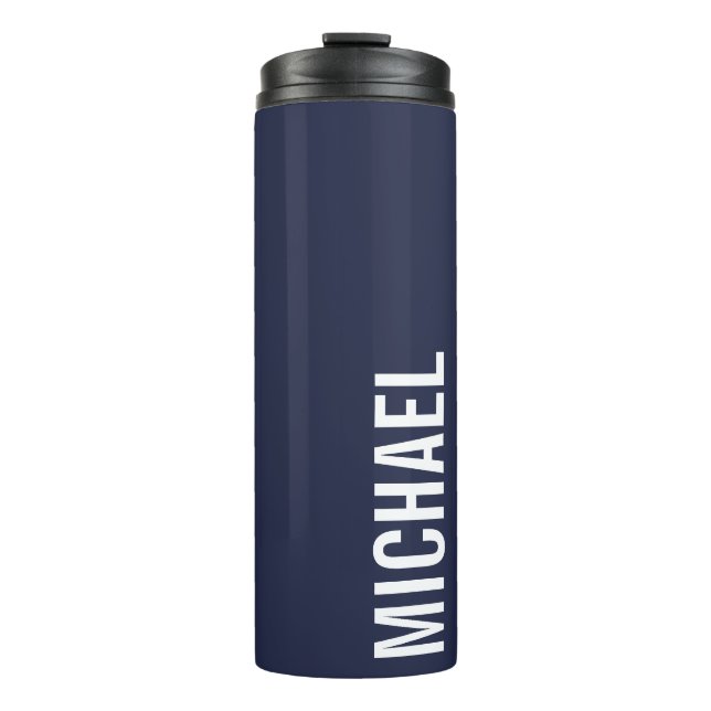 Navy Blue Modern Minimalist Personalized Name Thermal Tumbler (Front)