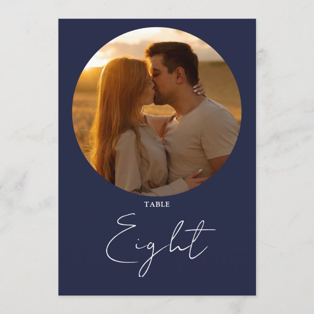 Navy Blue Modern Minimalist Script Table Number (Front)