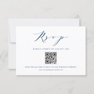 Navy Blue Modern Minimalist Script Wedding QR Code RSVP Card