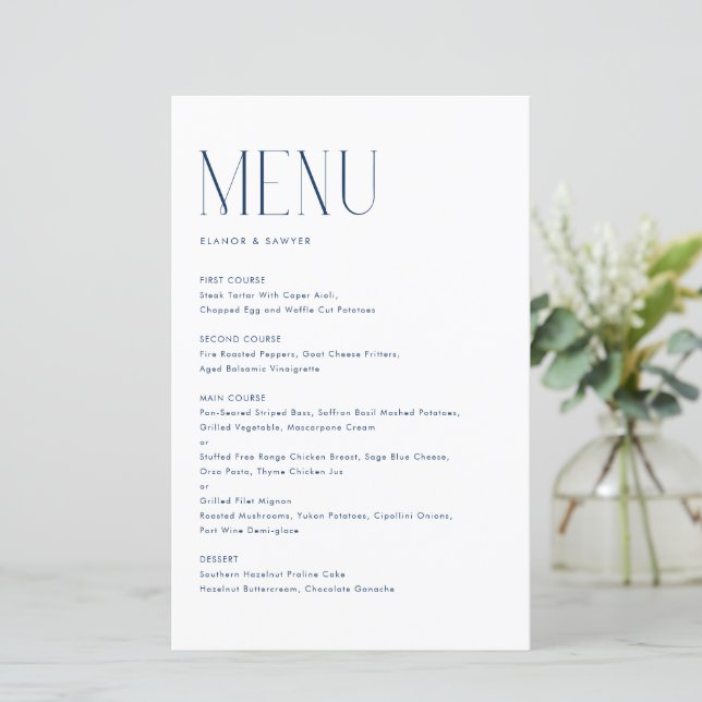 Navy Blue Modern Minimalist Typography Menu Card (Standing Front)