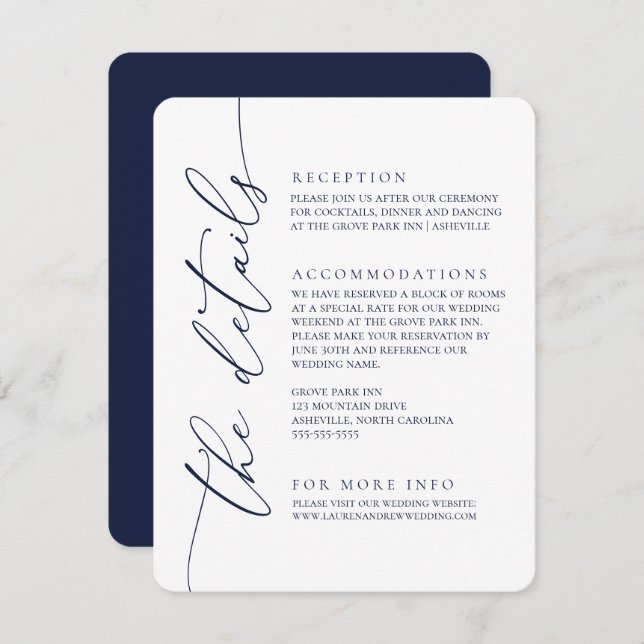 Navy Blue Modern Minimalist Wedding 2 Enclosure Card (Front/Back)