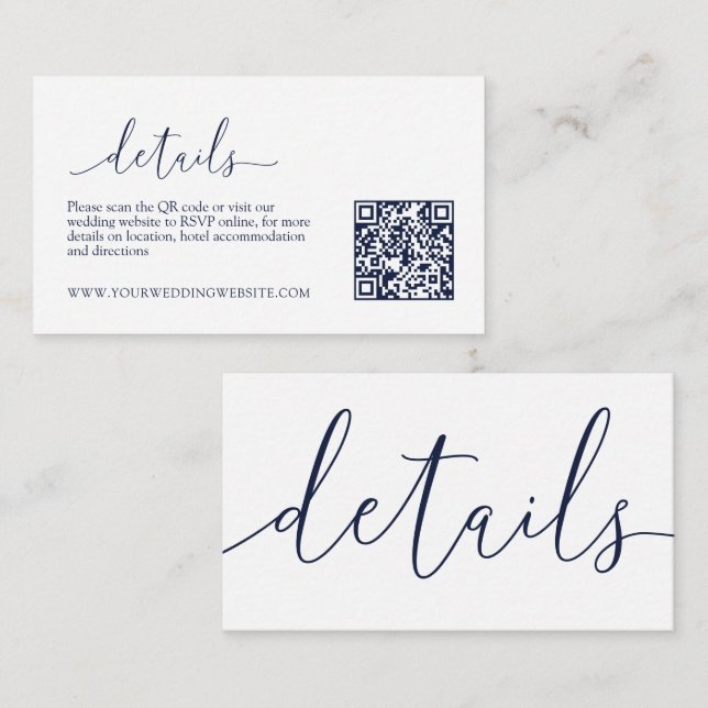 Navy Blue Modern Minimalist Wedding Details RSVP E Enclosure Card (Front/Back)