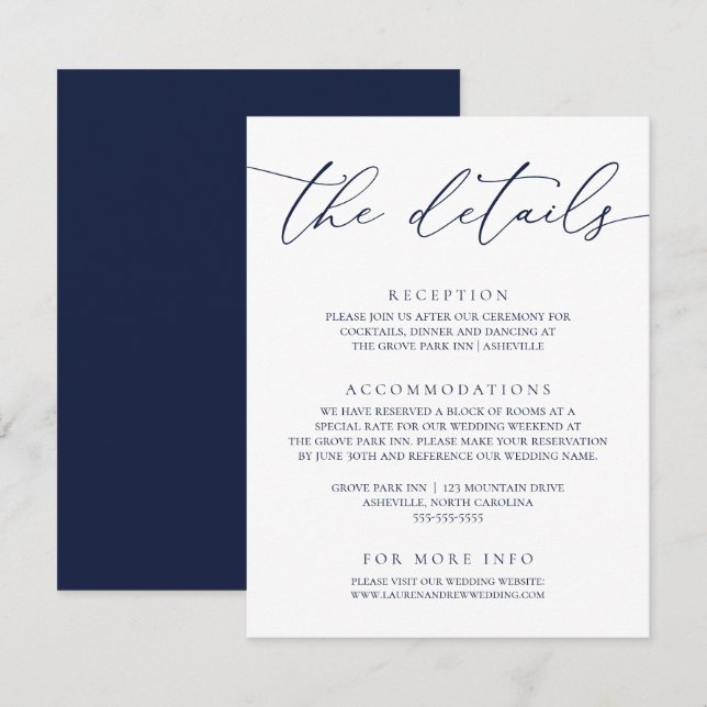 Navy Blue Modern Minimalist Wedding Enclosure Card (Front/Back)