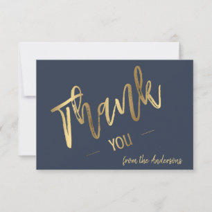Navy Blue Modern Minimalist Wedding Gold Flat Thank You Card