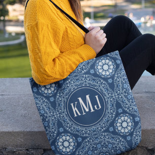 Navy Blue Modern Monogram Personalized Tote Bag