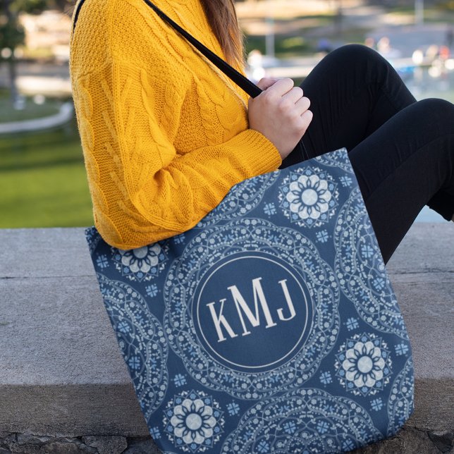 Navy Blue Modern Monogram Personalized Tote Bag (Creator Uploaded)