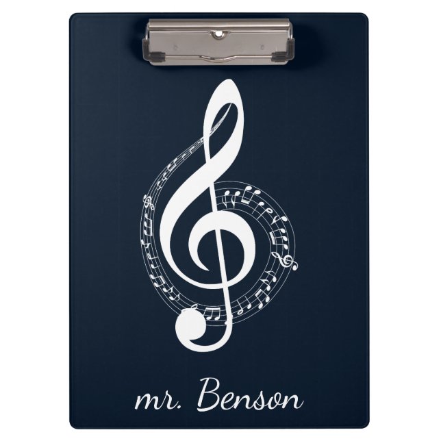 Navy Blue Modern Music Notes Personalized Clipboard (Front)