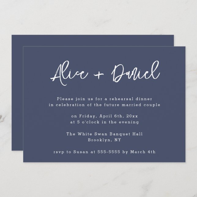 Navy Blue Modern Names Rehearsal Dinner Invitation (Front/Back)
