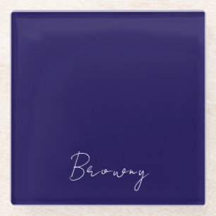 Navy Blue Modern Personalized Name Calligraphy  Glass Coaster