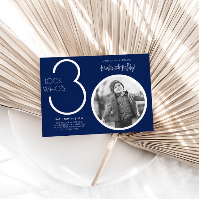 Navy Blue Modern Photo 30th Birthday Invitation (Creator Uploaded)